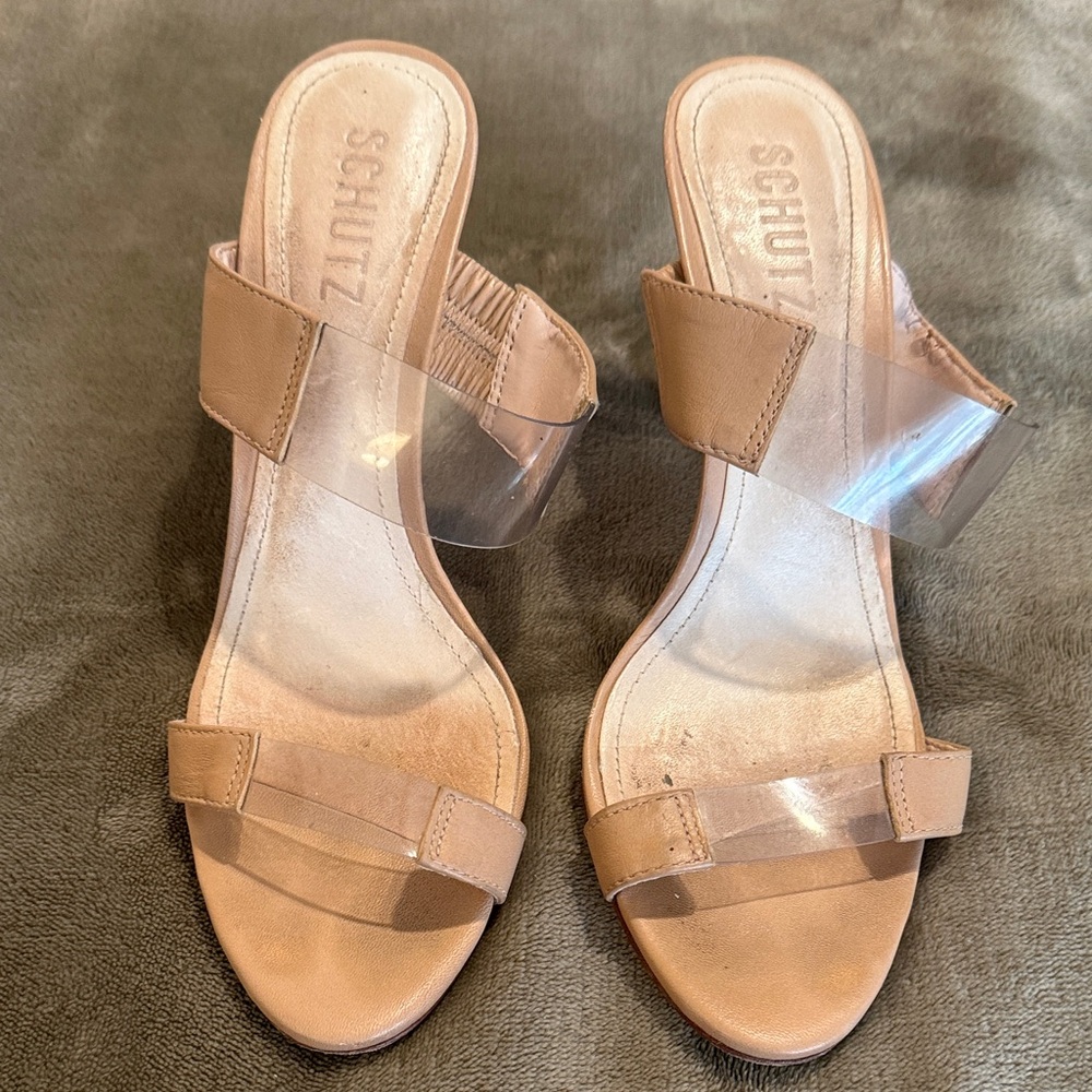 SCHUTZ Tan and Clear Mules